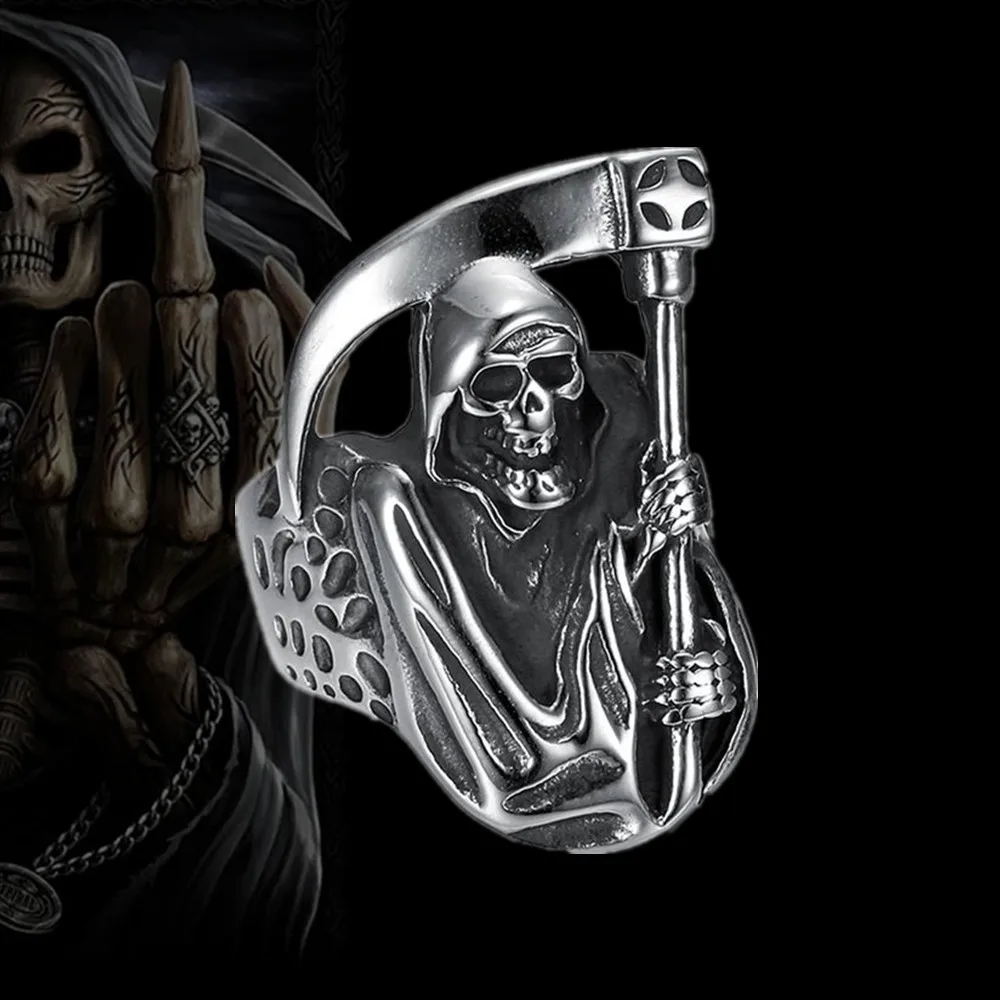 

Men's Grim Reaper Skull Scythe Ring Gothic 316L Stainless Steel Biker Ring Motorcycle Band Jewellery