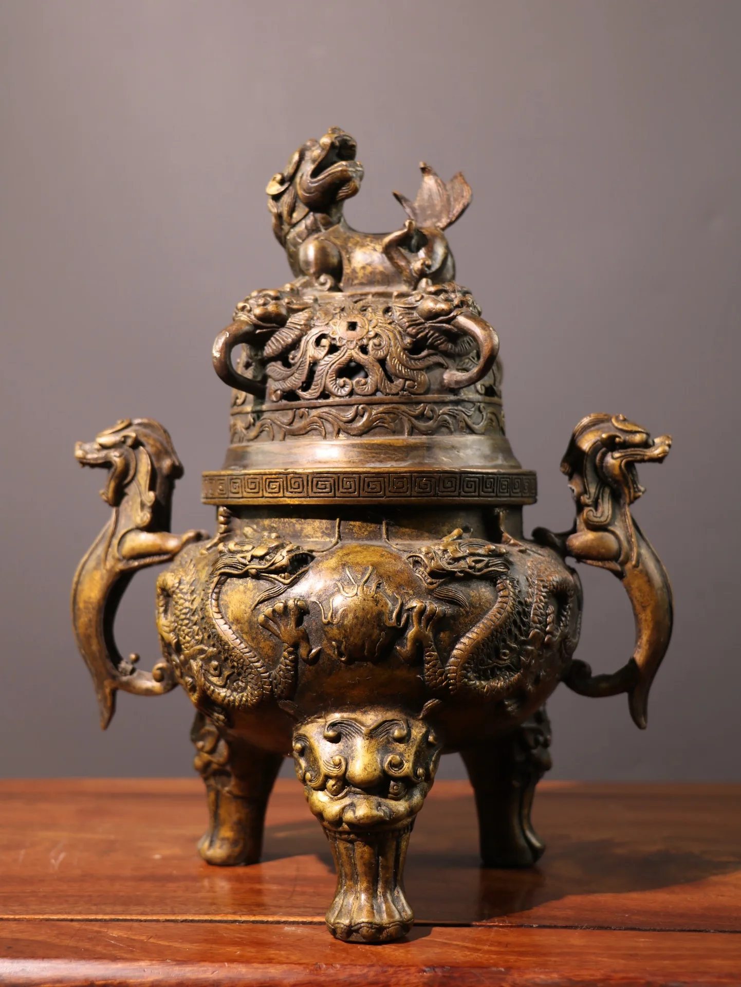 

12"Tibet Temple Collection Old Bronze Cinnabar Mud gold Dragon pattern Lion Statue Dragon Ear Three legged incense burner