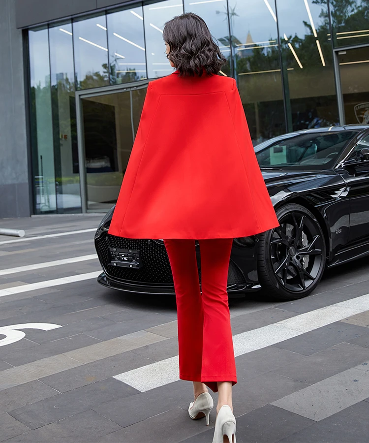 Women Bat Sleeve Pant Suit Latest Fashion Ladies Jacket Blazer And Trousers Red Apricot Black 2 Piece Set