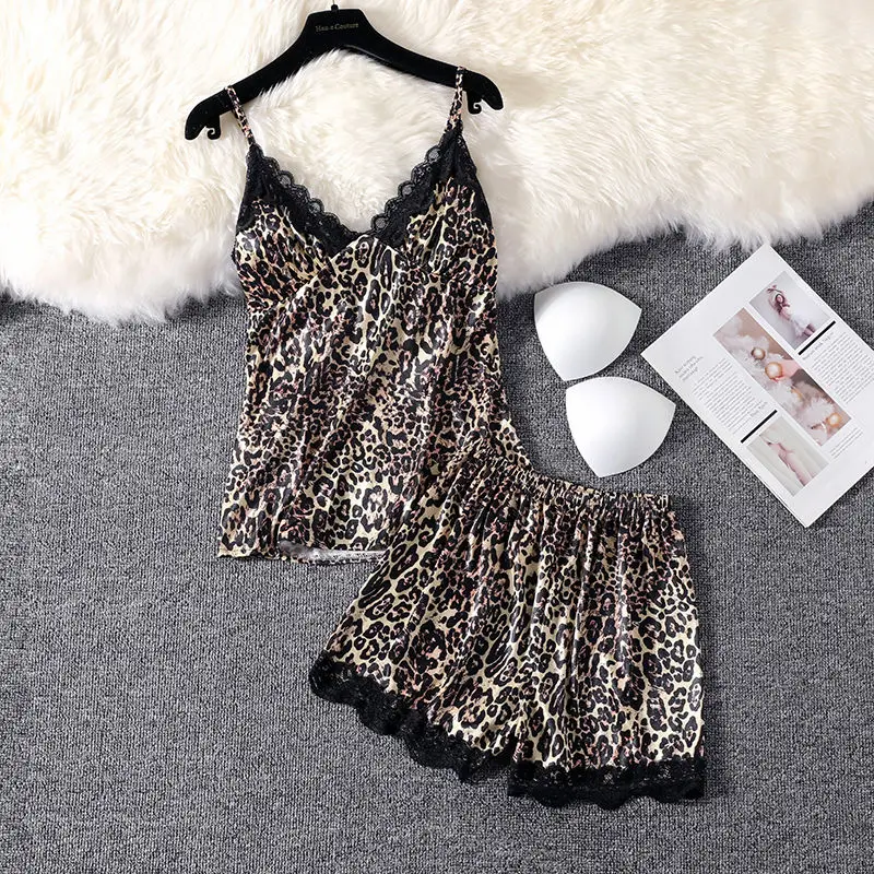 

Лето 2022, женский Шелковый пижамный комплект, кружевная ночная рубашка с леопардовым принтом для женщин, пикантная Пижама, Женский комплект ...