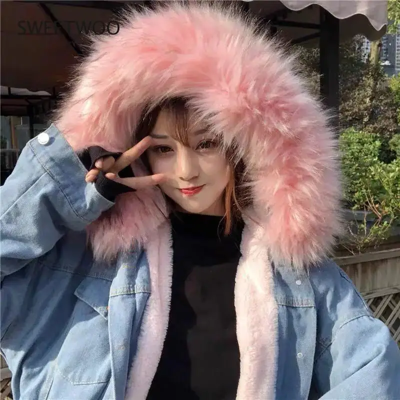 Plus Velvet Thickening Denim Jacket Winter Warm Hooded Fur Collar Single-Breasted Jackets Casual Warm Lambswool Streetwear Parka