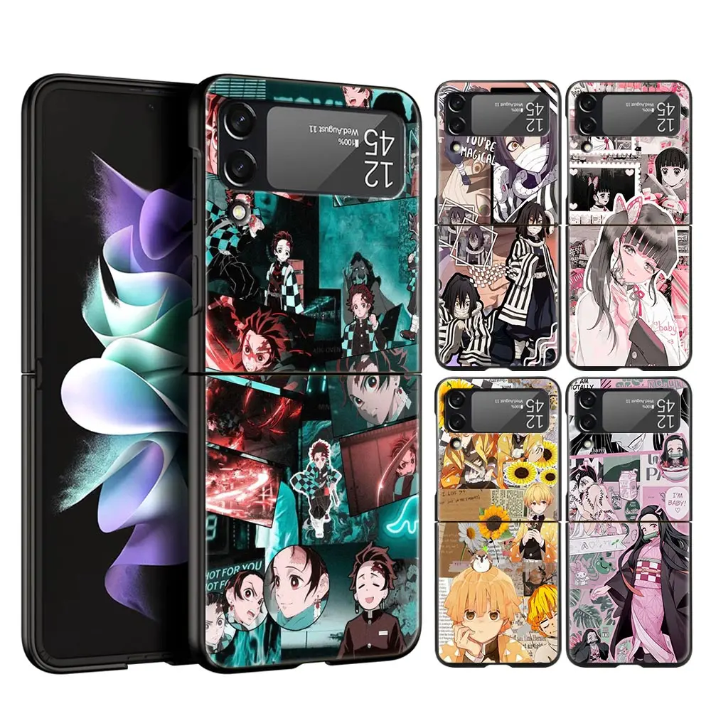 

For Samsung Galaxy Z Flip 3 4 5G Hard Black Folding PC Phone Case Kimetsu no Yaiba Anime Demon Slayer For Samsung Z Flip3 Cover