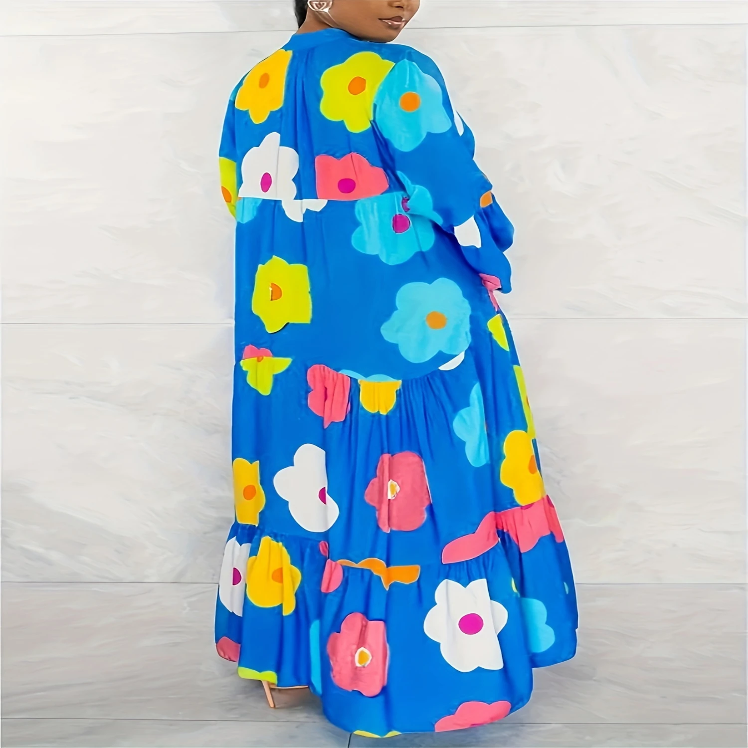 Plus Size Floral Haven Dress - Loose & Comfortable with Vibrant Prints Long Sleeve Button Front for Spring Fall Curvy Wome