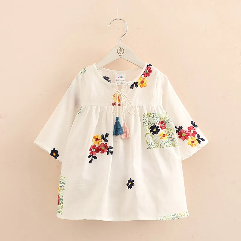 

2023 Spring Autumn New Arrival 2-12T Children Kids Clothing Blue White Color Long Tops Baby Girls Tassels Loose Blouses Shirt