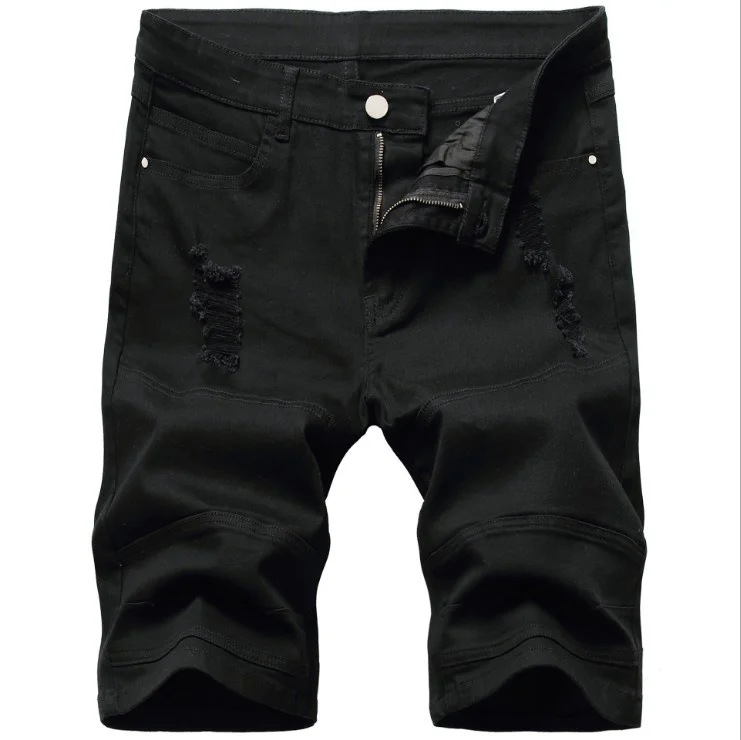 Men's Jeans Black Ripped Male Designer Denim Shorts Knee Length Slim Fit Large Size And White Hole Worn Out Biker Short