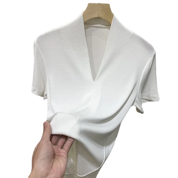 

European Goods Thread Fashion V-neck Short Sleeve T-shirt for Women 2022summer New Slim Fit Half Sleeve T-shirt Top