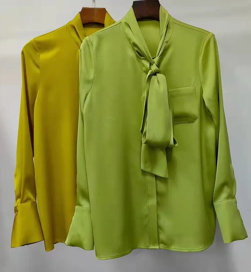 Bow Tie Elegant Blouse Shirts 2023 Spring Summer Style Women Chest Pocket Patchwork Long Sleeve Green Khaki Button Shirts OL