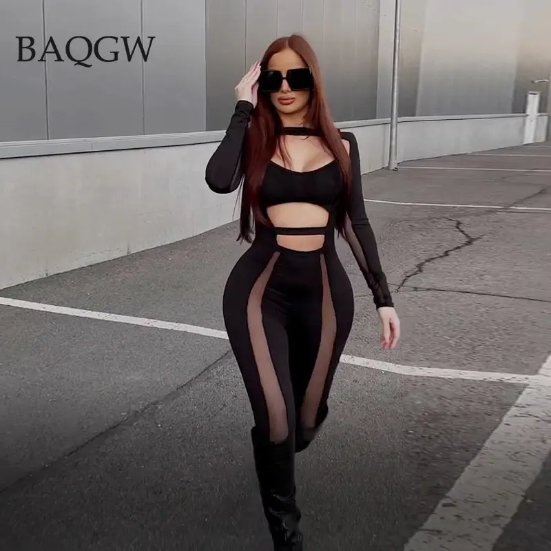 

Сетчатый лоскутный комбинезон с длинными рукавами и открытой спиной, сексуальный облегающий Прозрачный Топ с длинным рукавом, летняя уличная одежда, комбинезон, комплекты из 2 предметов