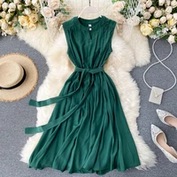 summer solid casual dress elegant sleeveless round neck sashes dresses vintage robe femme jurk 2022 new fashion vestido verano