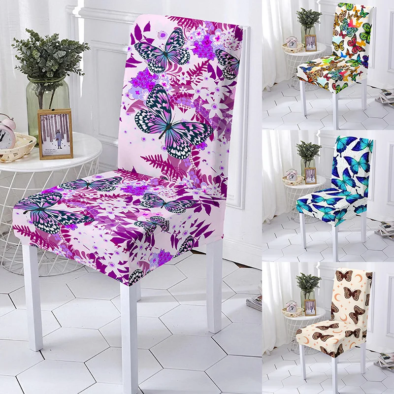 

Новинка чехол на стул для обеденного стола чехол с принтом фиолетовых бабочек для стула стрейч чехлы на свадебные сиденья Защитная пленка д...