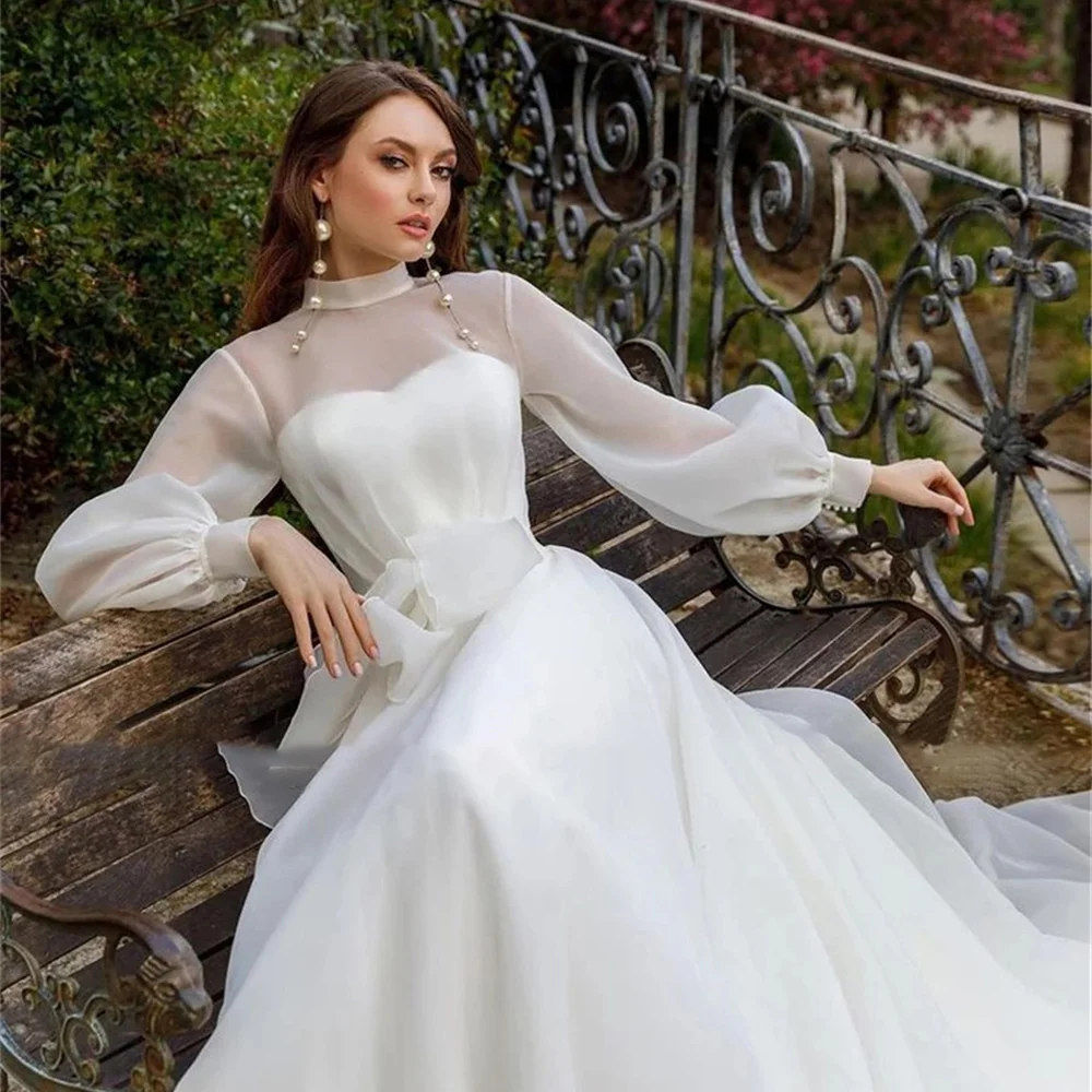 

Roseca Ye Graceful Half-high Neck A Line Wedding Dresses 2023 New Long Puff Sleeves Vestidos De Novia Bridal Gowns For Brides