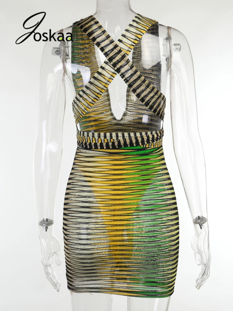 Joskaa Stripe Printed Deep V-Neck Sleeveless Bodycon Dress Women Sexy Backless Bandage Mini Summer 2021 Party Clubwear | Женская одежда