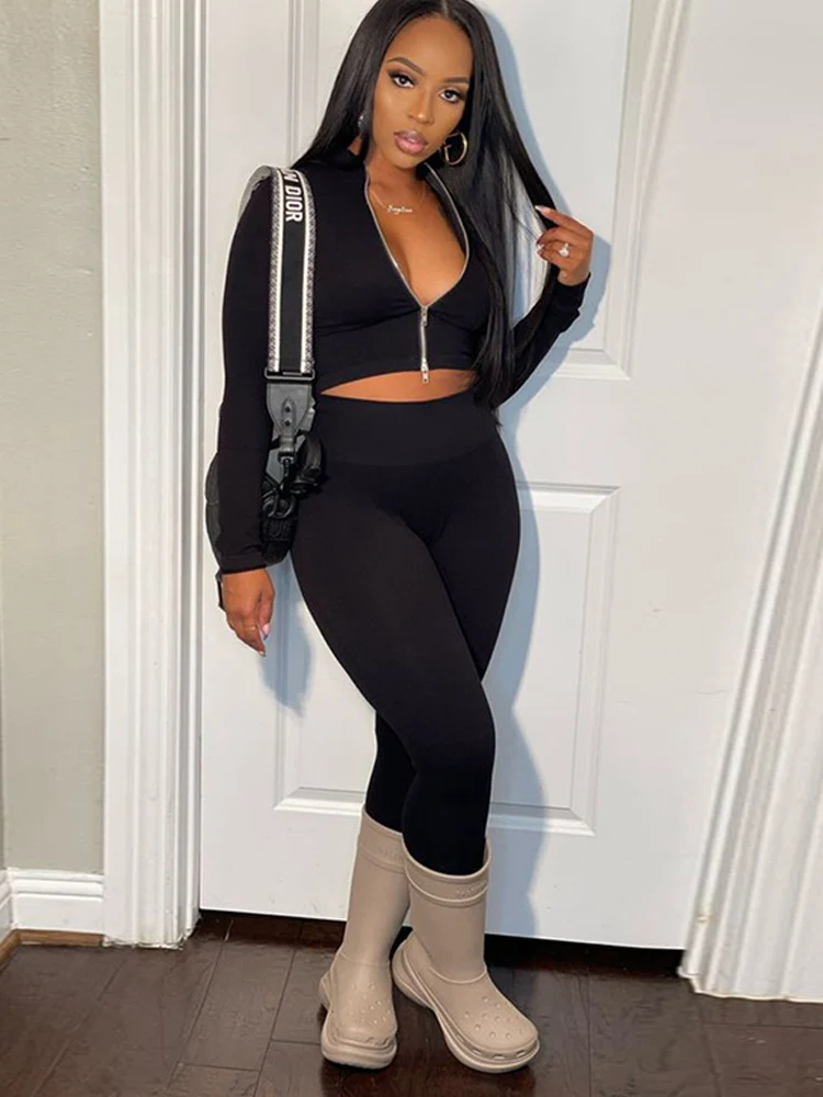 

Casual Women Tow Pieces Chic Tracksuit Y2k Streetwear Short Zipper Tops Slim Bodycon Long Pants Set Fashion Playsuit Outfit 2023