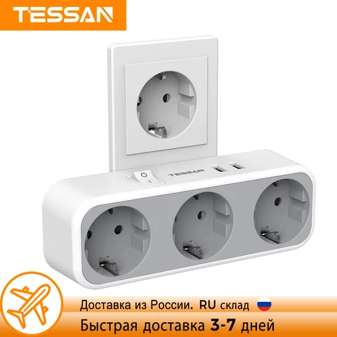 Розетка TESSAN Ladron 5-в-1 с переключателем, двумя розетками с 3 розетками и 2 USB-портами