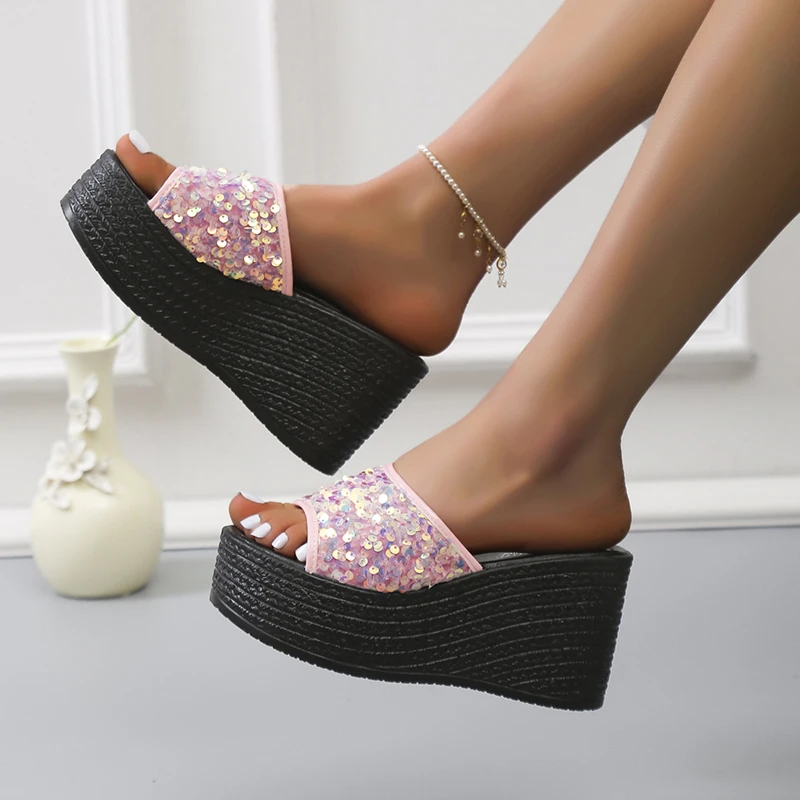 

2022 Summer Wedges Bling Shoes for Women High Heels Sandals Plus Size Women Shoes Platform Slides Slippers Mujer Zapatos
