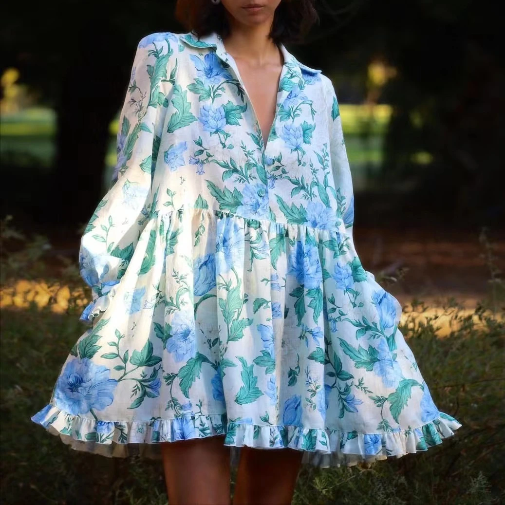 Women Linen Loose mini Doll Dress Long Lanten Sleeve Blue Flower Print Short dress