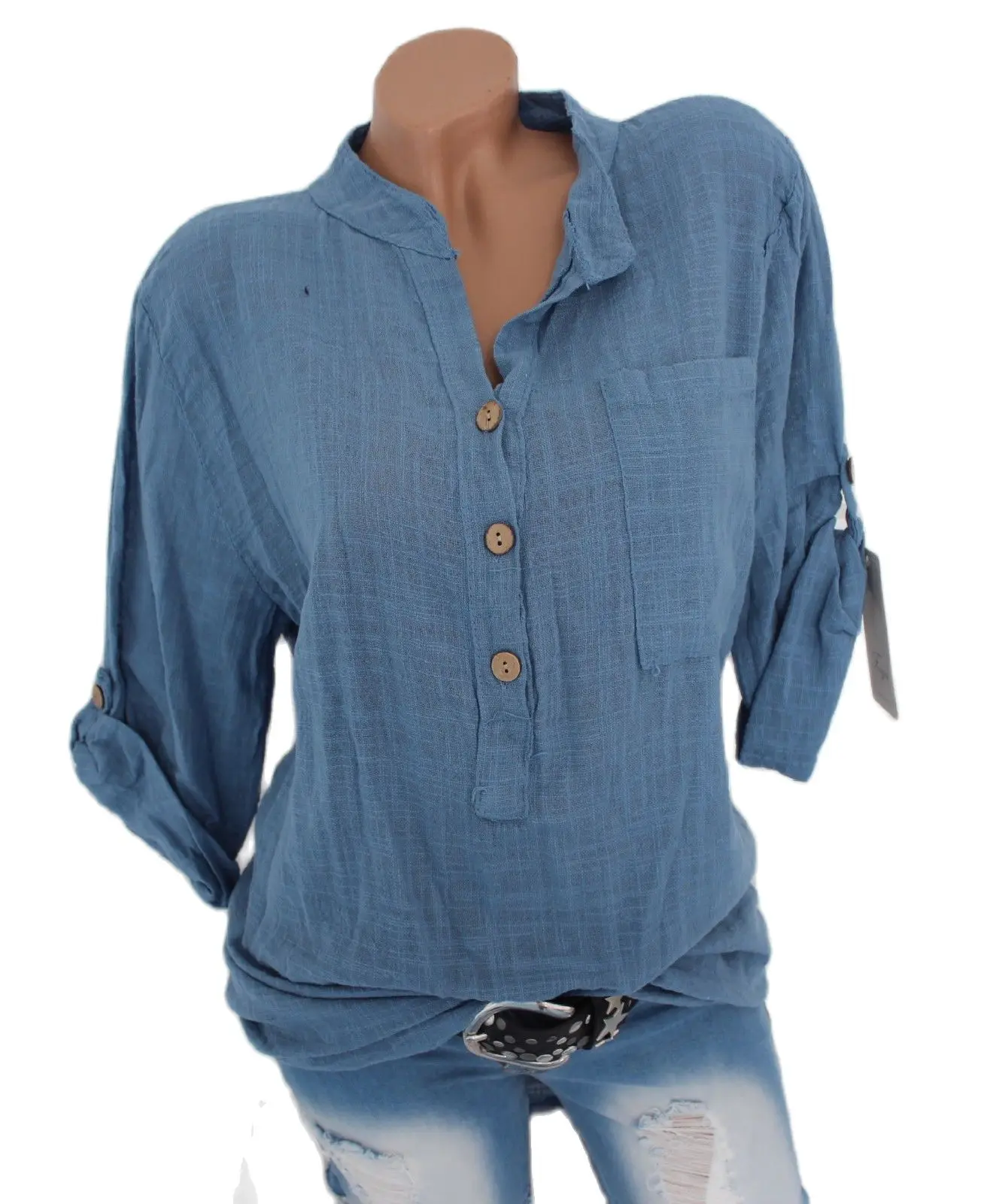 

Women's blouse Spring/Summer 2023 cotton long sleeved shirt Women's V-neck shirt Women's fashionable solid color shirt