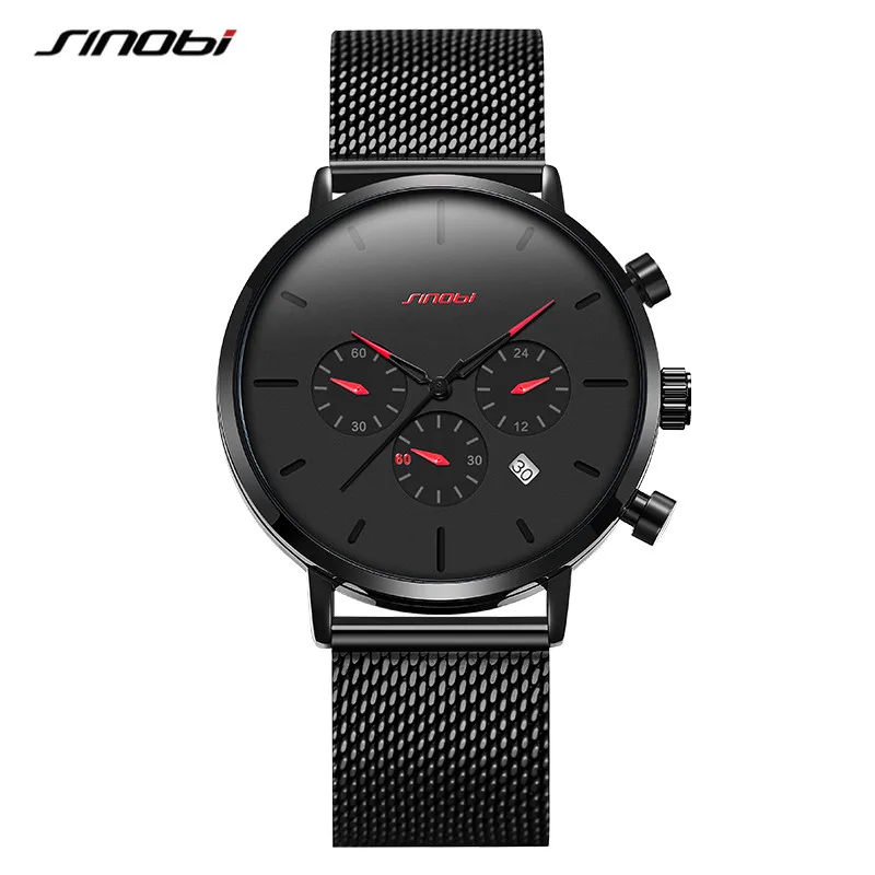 

SINOBI Fashion Stainless Steel Men's Watches Chronograph Color Pointer Calender Man Quartz Wristwatches Dropshipping Relojes