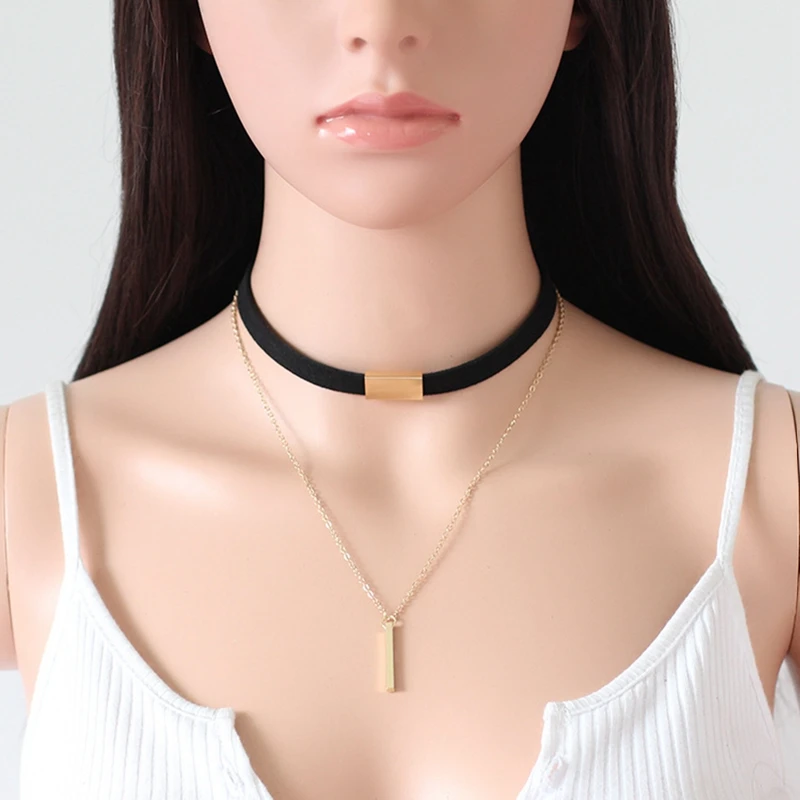 

2022 New Black Velvet Choker Necklace Strip Rope Chain Bar Square Tube Strip Chocker Women Collar Mujer Collier Femme Ras Du Cou