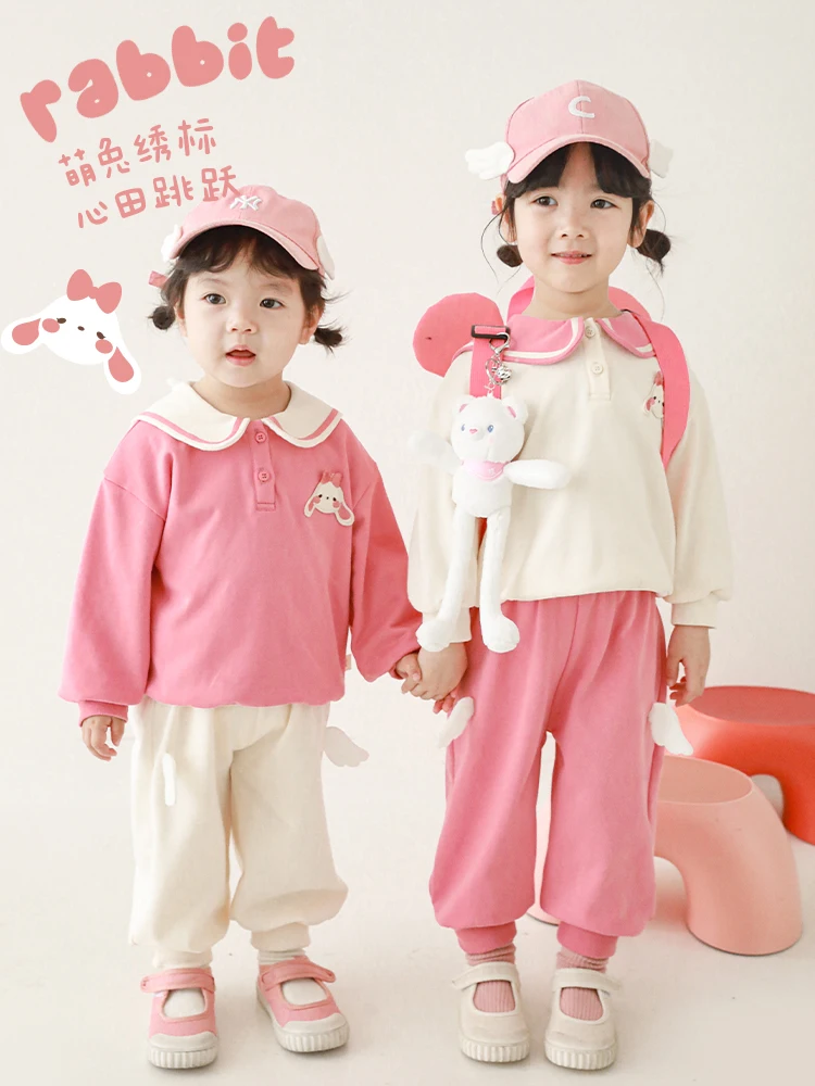 

Girls' Sweatshirt Suit 2023 Spring New Baby Cartoon Doll Lapel Top Children's Casual Pants