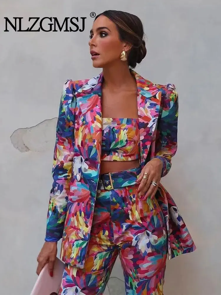 

Женский осенний костюм-тройка с принтом, пиджак и длинные брюки с высокой талией