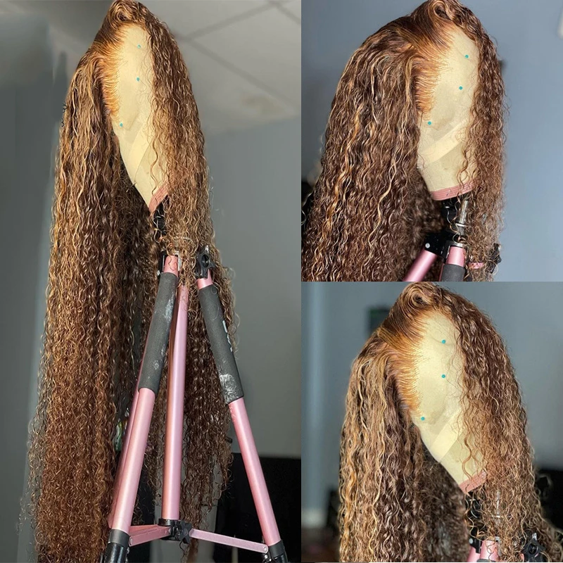 

Ombre Blonde Glueless Soft Preplucked 26 inch Long 200 Density Deep Kinky Curly Lace Front Wigs For Black Women Babyhair Daliy