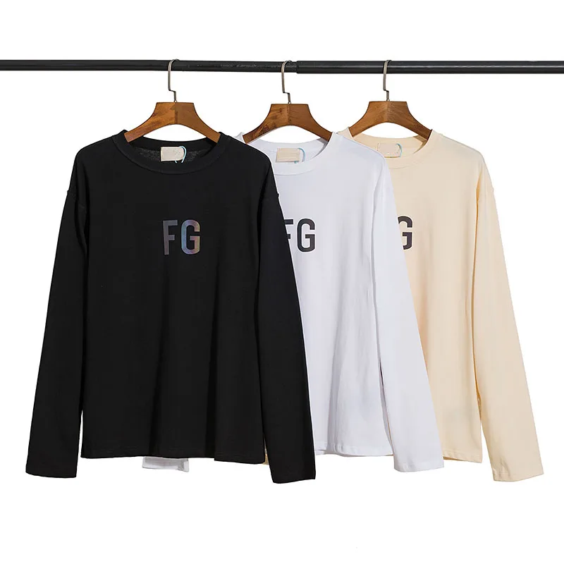 

2021 High Quality FG 3m Reflective Print T-Shirts Men Women 100% Cotton Long Sleeve T Shirts Hip Hop High Street Oversize Tee FG