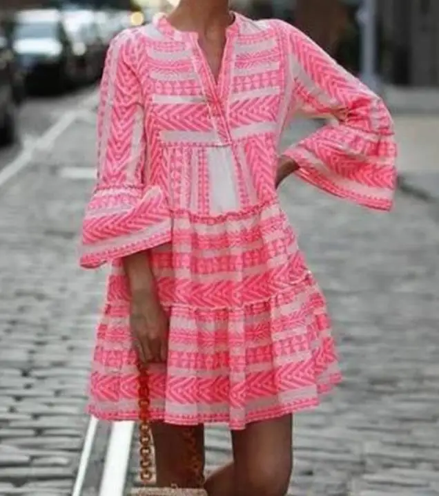 

Fashion Women Dress Summer 2023 sweet Elegant style Ladies V Neck Geometric Print Bell Sleeve Dress Loose Mini Dress Basic