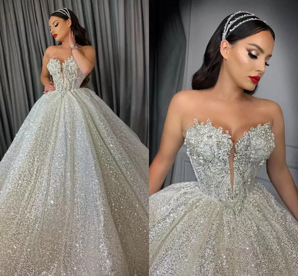 

Princess Wedding Dress V Neck Appliques Sleeveless Strapless Pearls Sequins Ruffles Bridal Gowns Plus Size Vestido De Novia