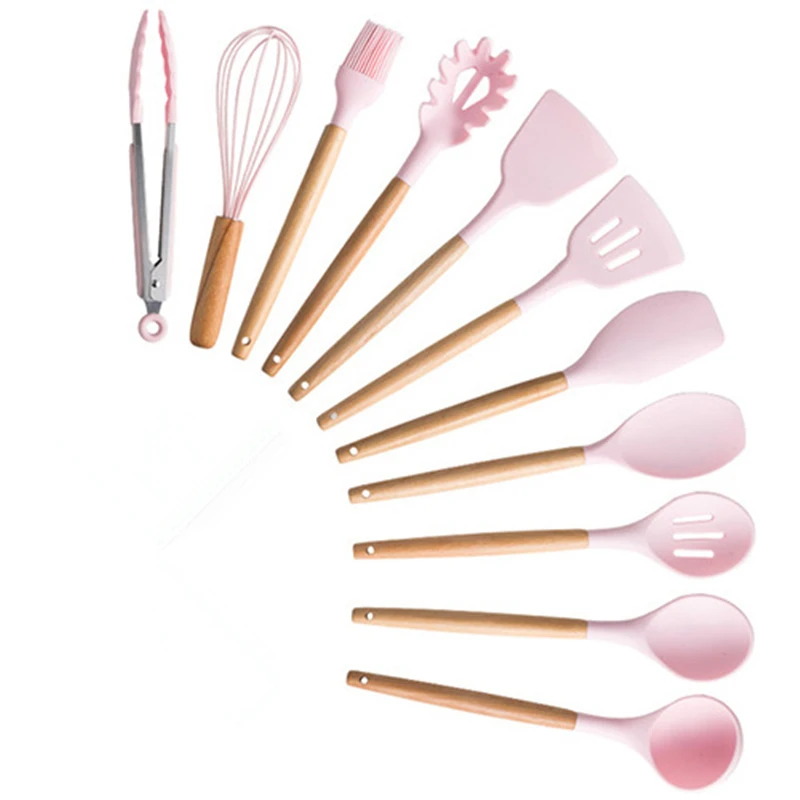 

Non-Stick Cookware Wooden Handle Silicone Kitchenware Anti-Scald Soup Spoon Egg Beater Food Clip Kitchen Cooking Utensils