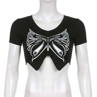 women gothic summer short sleeve crop top harajuku butterfly print sexy v neck t shirt cutout irregular hem slim tee