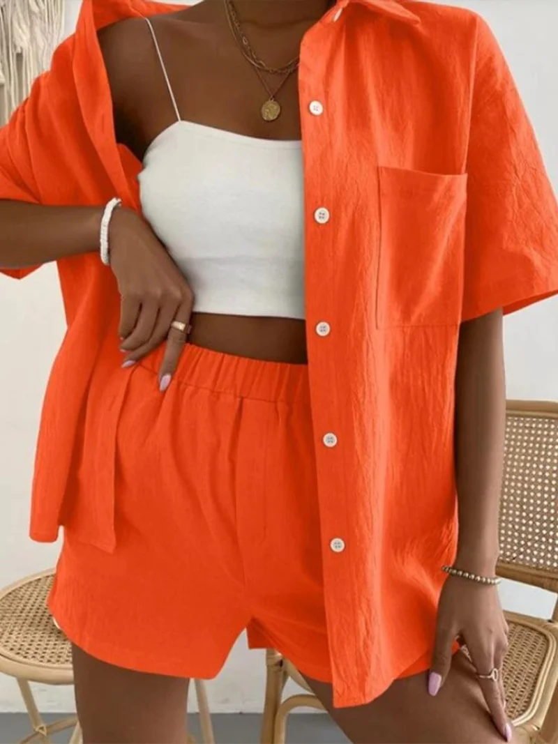 Long Sleeve Single-breasted Top + Broad-legged Shorts Set Fashion Ladies Sexy Solid Suits 2023 Summer 2 Piece Outfits for Women