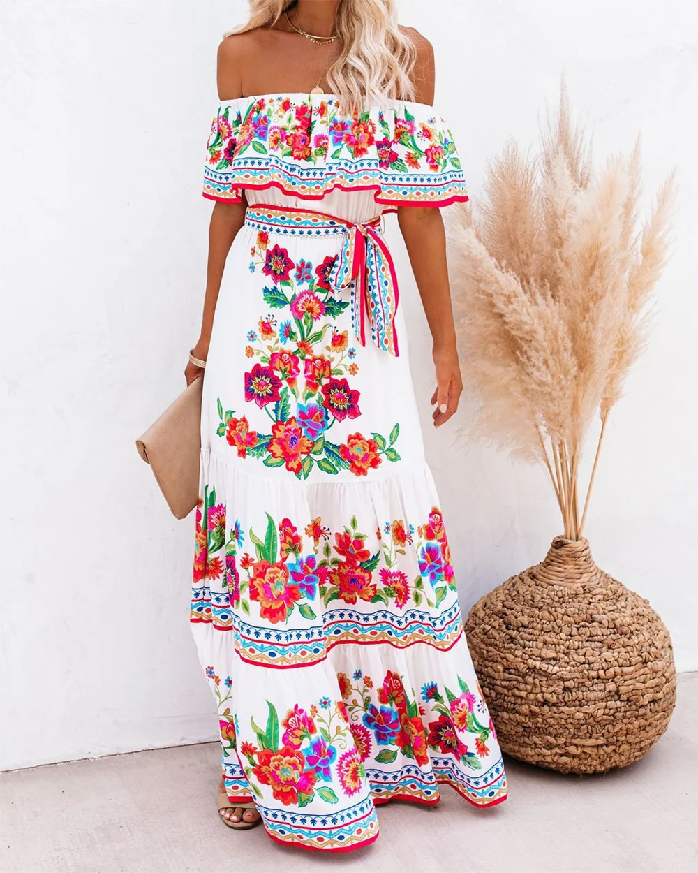 

Women Sexy Off-Shoulder Summer Dress 2023 Print Vintage Long Dresses Ruffle Fashion Boho Beach Sundress Ladies Party Maxi Dress