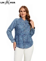 lih hua womens plus size denim shirt cotton woven print denim shirt button long sleeve lapel women casual fashion shirt