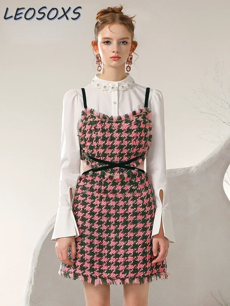 

Женское твидовое платье на бретельках, короткое платье с вырезом на талии, Осень-зима 2023