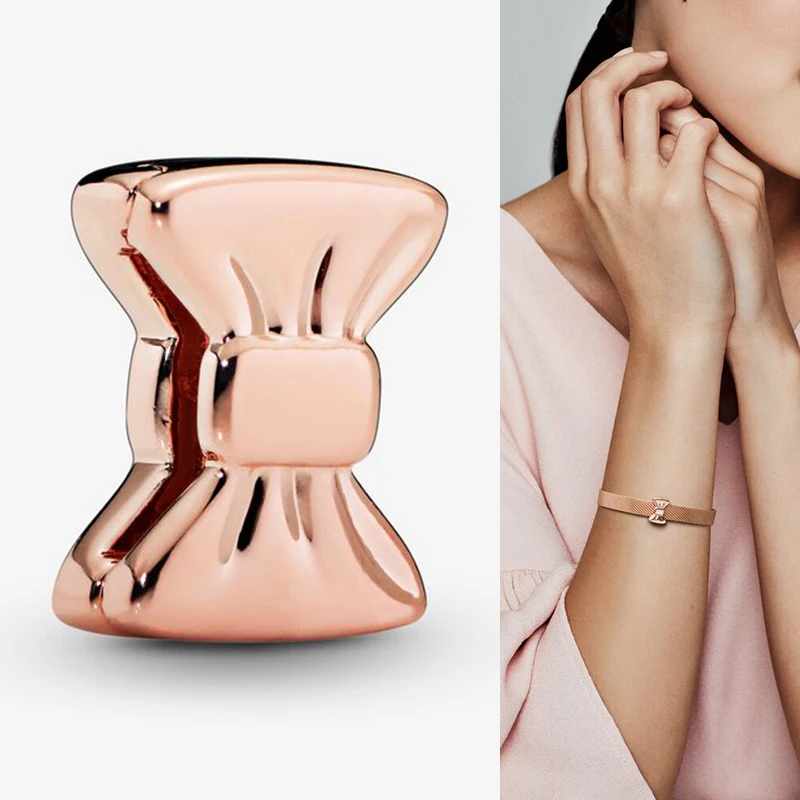 

925 Sterling Silver Bead New Rose Gold Bow Beads Fit Pandora Women Bracelet & Necklace Diy Jewelry