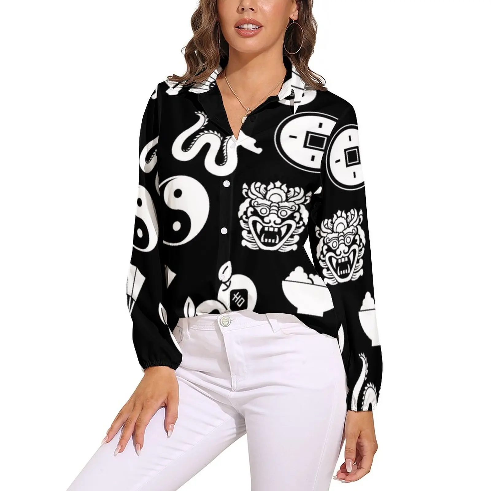 

White Dragon Print Blouse Long-Sleeve Japanese Art Modern Blouses Women Simple Oversize Shirts Print Tops Birthday Present