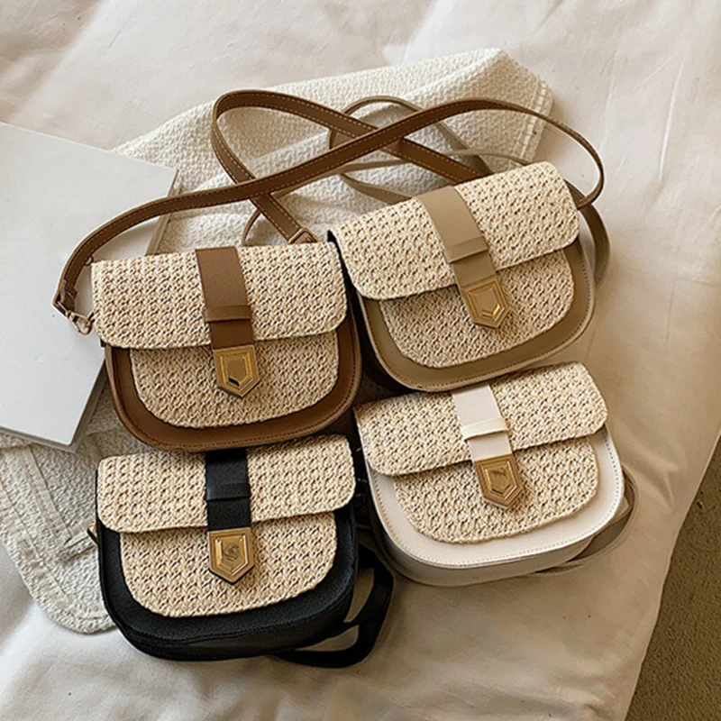 

Fashion Women Straw Woven Shoulder Crossbody Messenger Bag Summer Casual Simple Beach Chain All-Match Saddle Bags Small Purse