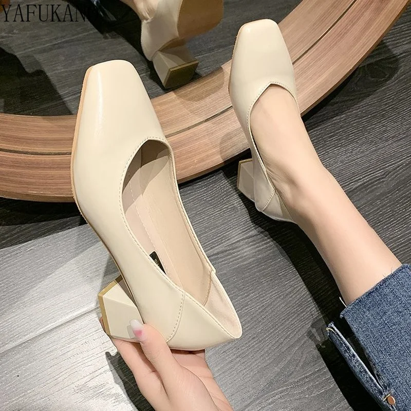 

Simple Fashion Square Toe Shallow Mouth High Heels Chunky Heel Women Pumps Soft Leather Comfort Career Work Shoes Party Shoes