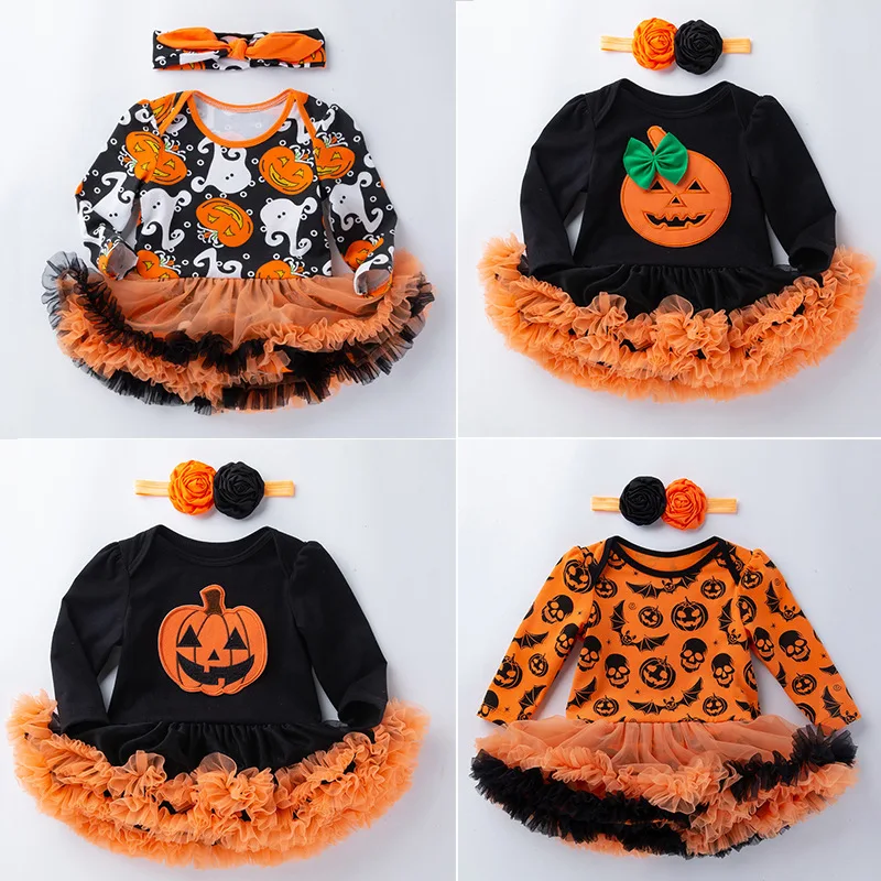 

Infant Baby Girls Halloween Costume Set Pumpkin Bows Tutu Dress Princess Girl Party Outfit Bebes Tutu Romper with Headband 0-24M