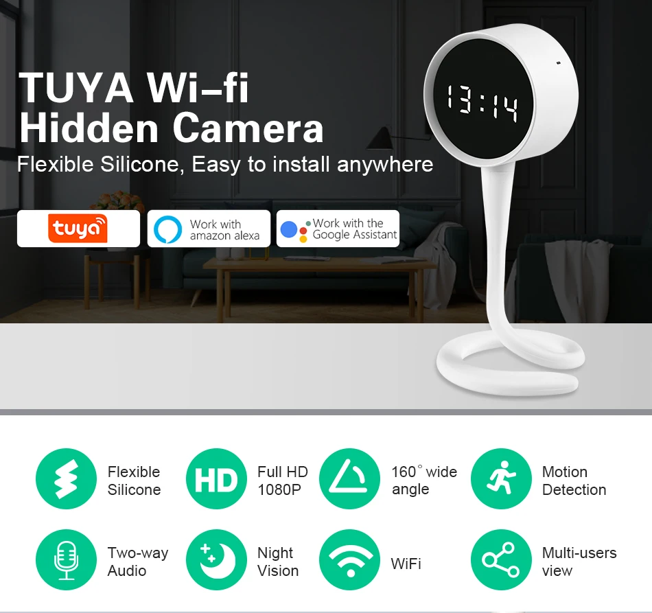 Беспроводные Часы HD Tuya, детская Защитная домашняя камера безопасности, двухстороннее аудио, Складная камера видеонаблюдения IP 2 Мп, скрытая камера «сделай сам»