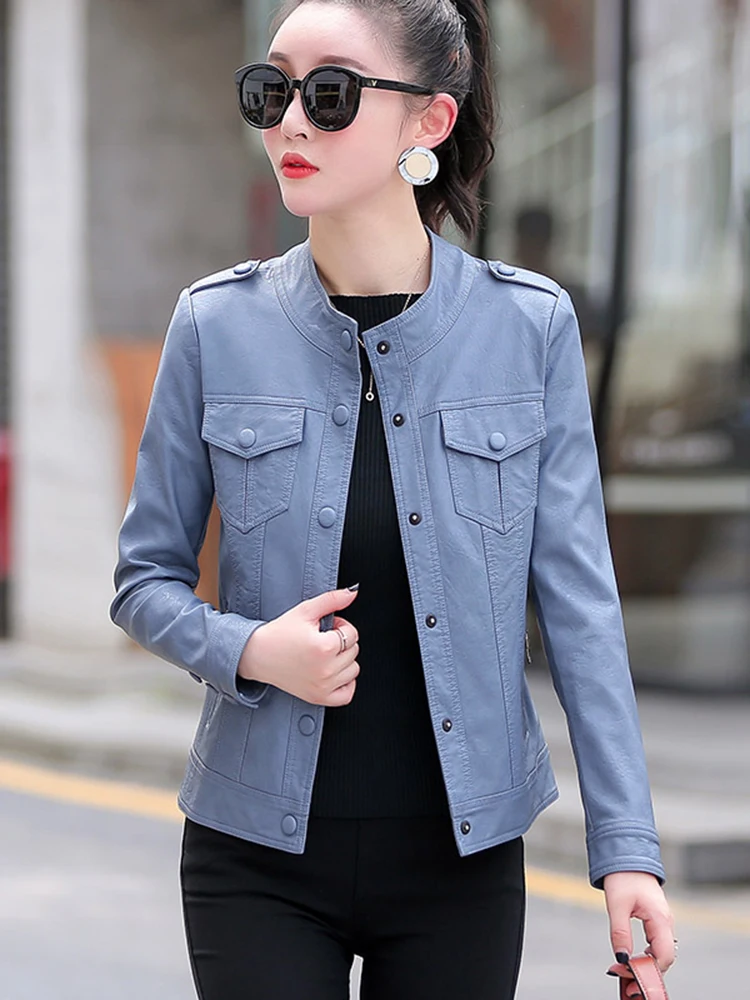 New Women Casual Leather Jacket Spring Autumn Fashion Small Stand Collar Slim Sheepskin Short Coat Biker Jacket Split Leather