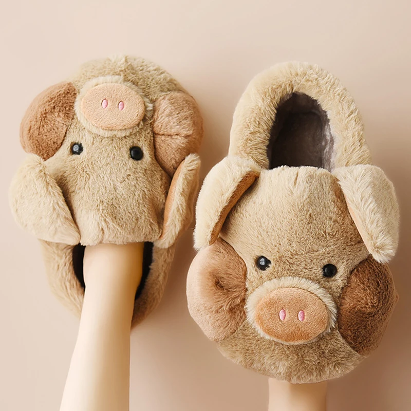 Women's Home Slippers Soft Cute Cartoon Pig Female Indoor Platform Slippers Furry Warm Short Plush Winter House Slippers Unisex