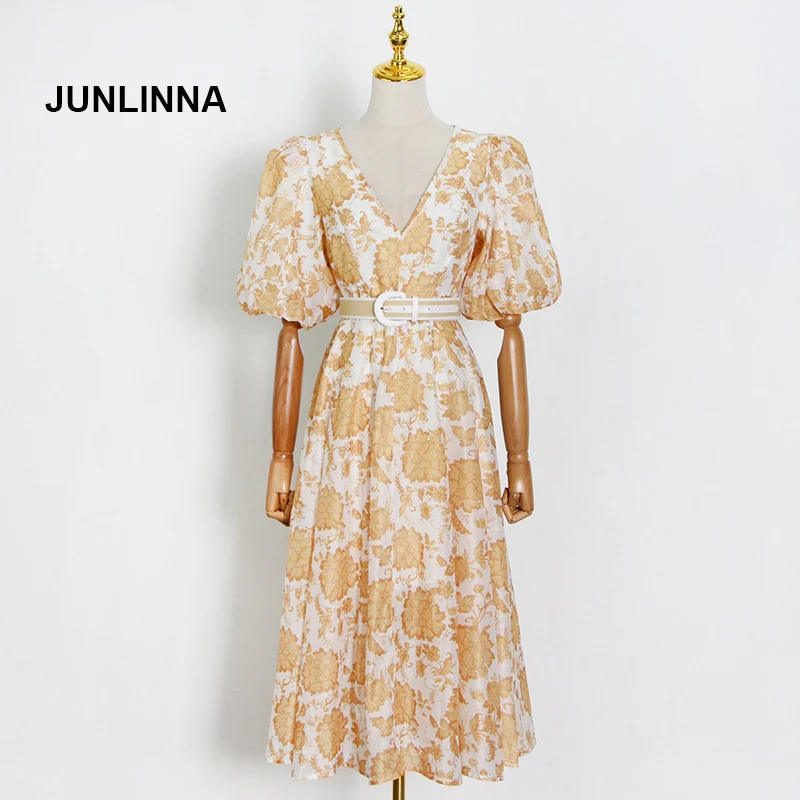 

JUNLINNA Women Chiffon Dress 2022 Summer New V Neck Short Puff sleeve Printed Expansion Vestidos Sashes sliming Sweets Dresses