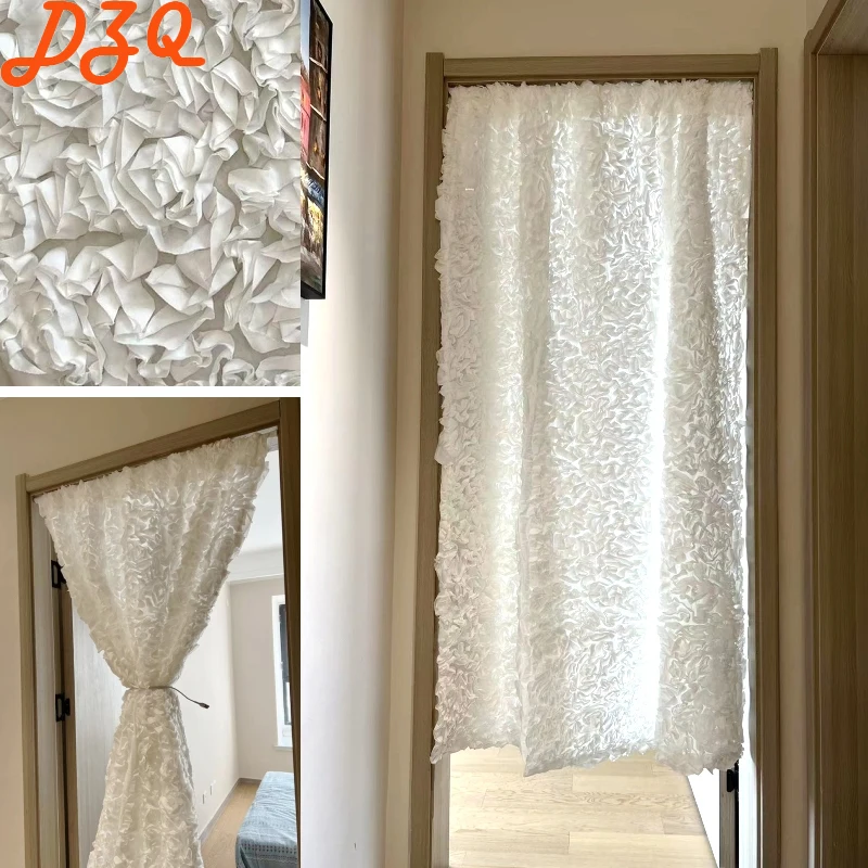 

3D Embossed Flowers Gauze Yarn for Bedroom Balcony French Relief White Rose Tulle Curtains Lace #A333