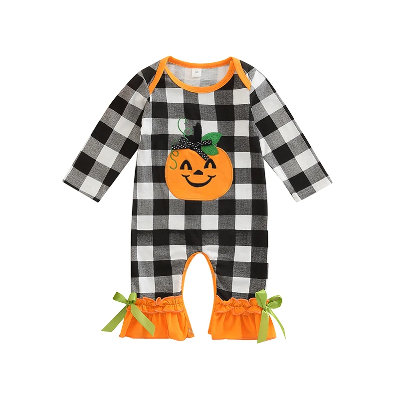 

Halloween Newborn Baby's Clothes Girls Jumpsuits Pumpkin Embroidered Long Sleeves Plaid Flared Romper for Children's Clothing