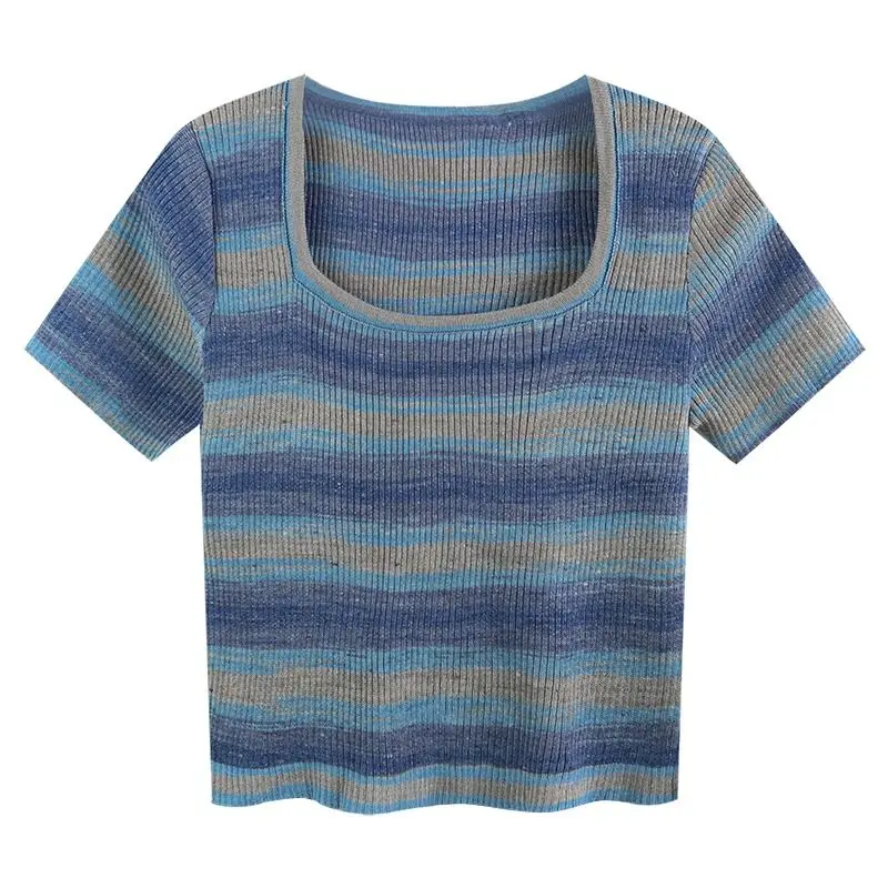 Летняя женская трикотажная короткая футболка в полоску Привлекательный Топ с