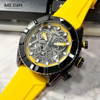 megir yellow silicone strap quartz watches for men fashion waterproof chronograph wristwatch with luminous hands auto date 2209