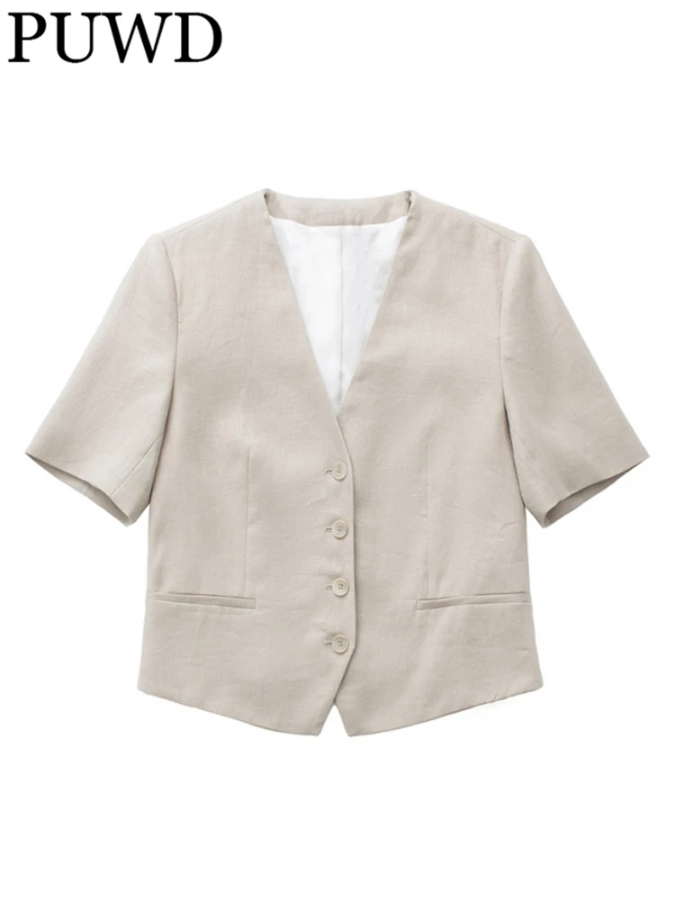 

PUWD Women V Neck Single Breasted Short Blazer 2022 Spring Fashion Ladies High Street Casual Blazer Female Short Sleeve Blazer