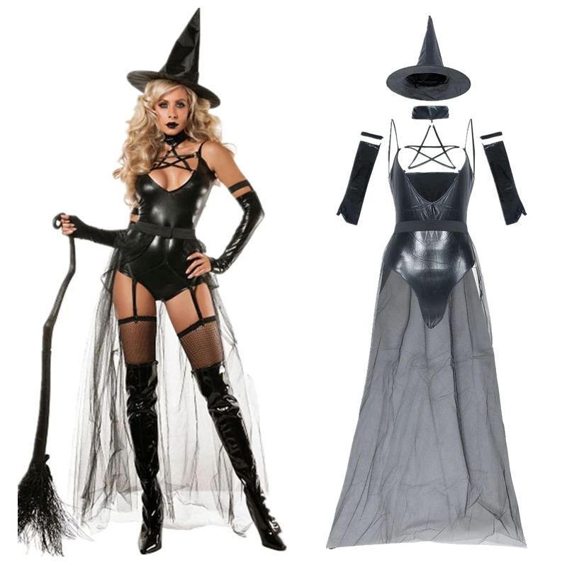 

Sexy Leather Witch Costume for Adult Women Halloween Sexy Lace Magic Flying Witch Cosplay Uniform Funny Costume